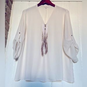 *3 for $20* Blouse with cream and brown fringe, zipper, semi-sheer, gold buttons